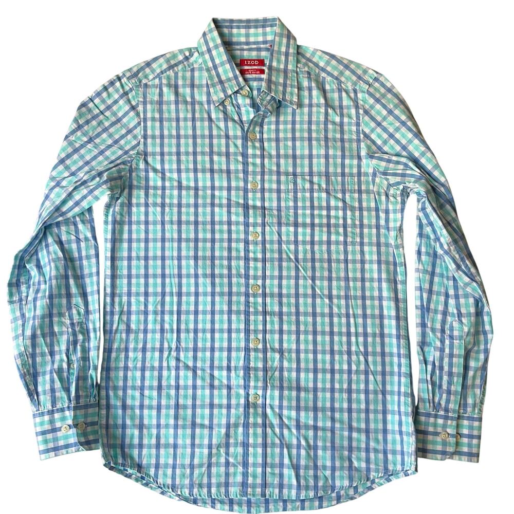 IZOD Men Button Down Shirt Size S/P Long Sleeve Slim Fit Plaid Blue & Green